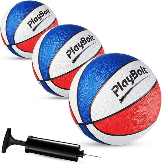 PlayBolt Size 3 Mini Basketballs (3 Pack) - 7-Inch Junior Rubber Basketball Set - Youth Beginner Kids Basketballs for Backyard Pool Parties, Arcade Games, Practice