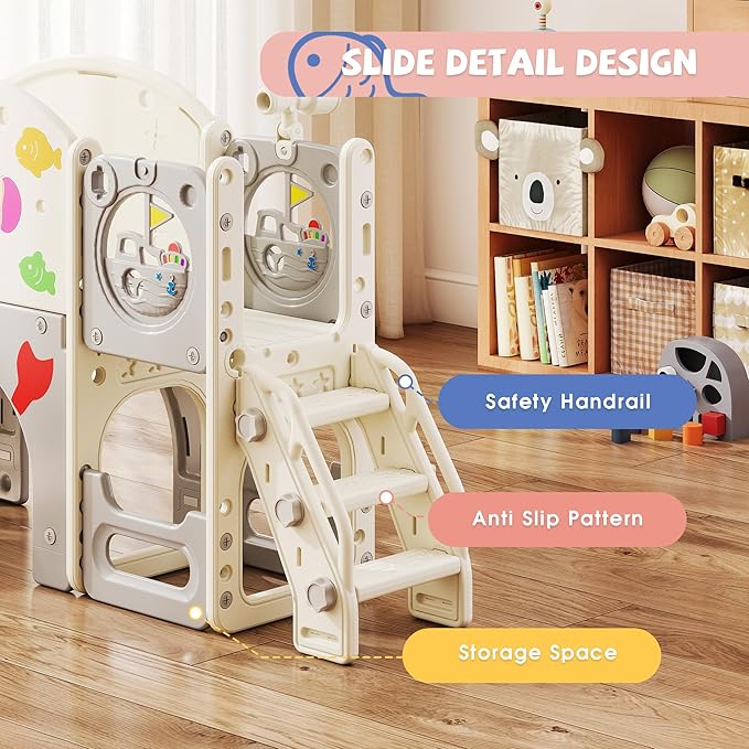 NYEEKOY 8-in-1 Toddler Slide, Toddler Playground, Suitable for Indoor Slides for Toddlers 1-3, with Climber, Basketball Hoop, and Tunnel, Rose Pink Fish