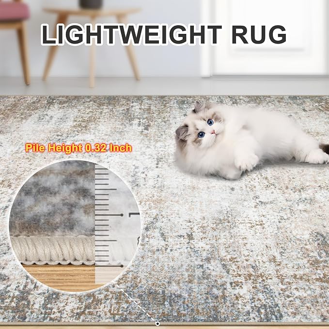 Area Rugs Living Room Rug - 5x7 Washable Modern Abstract Soft Neutral Non-Slip Carpet Large Indoor Floor Stain Resistant Thin Carpets for Bedroom Dining Room Farmhouse Nursery Home Office Brown Grey