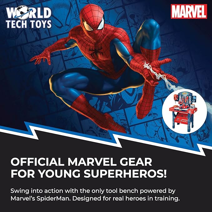 World Tech Toys Marvel Spider-Man Bench Set – Spiderman Tool Bench Playset with Take Apart Car - Official Marvel Licensed Product (55 Pieces)