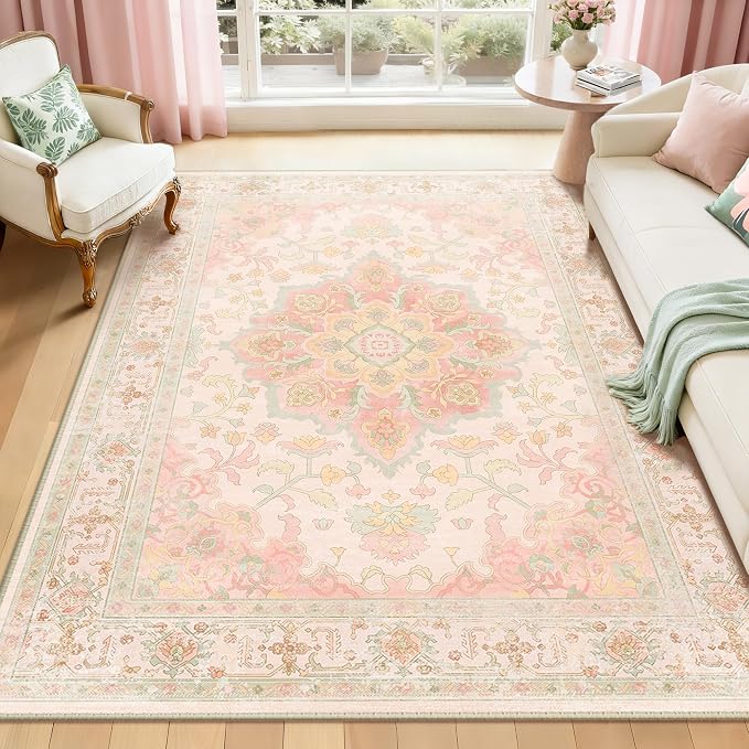CAPALOCA 5x8 Washable Nursery Girls Low Pile Area Rug Pink Green | Non-Slip Soft Rugs for Bedroom Kids Playroom Living Room, Print Pattern Water Repellent Carpet Indoor Decor