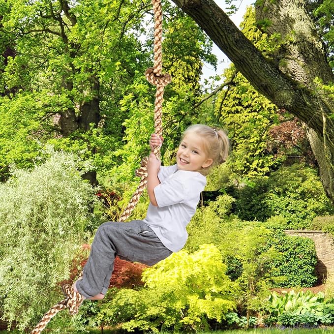Climbing Rope for Kids, 8.2 FT Long with 4 Knotted Steps, Playground Accessories, Rope Swing for Obstacle Course, Treehouse Swingset Accessories Training for Kids Outdoor（Brown）
