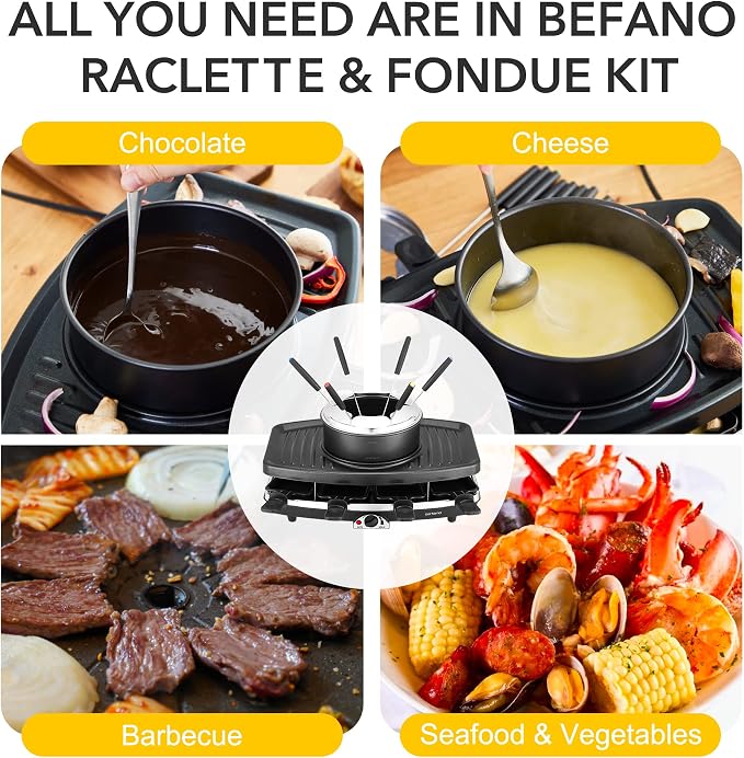 Electric Raclette Grill With Fondue Pot, 1100W Table Grill for 8 Peopl | 3-In-1 Raclette, Fondue And Grill Design, 1100W Heating, 8 Serving Pans, Adjustable Temperature for Indoor Gatherings