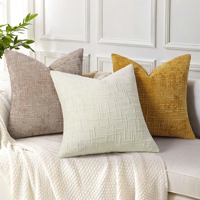 decorUhome Textured Chenille Throw Pillow Covers 24x24 Set of 2 Oatmeal | Fall Modern Farmhouse Soft Cozy Slubby Couch Pillow Cases Boho Decorative Pillow Cases for Bed Sofa Living Room Home Decor