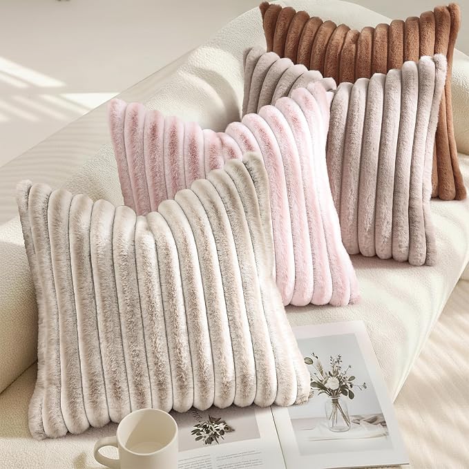 decorUhome Fall Faux Fur Throw Pillow Covers 22x22 Set of 2 Pink White | Decorative Soft Cozy Striped Plush Modern Farmhouse Boho Couch Pillow Cases Velvet Back for Sofa Bed Living Room Home Decor