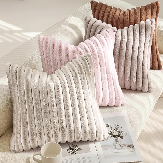 decorUhome Fall Faux Fur Throw Pillow Covers 16x16 Set of 2 Pink White | Decorative Soft Cozy Striped Plush Modern Farmhouse Boho Couch Pillow Cases Velvet Back for Sofa Bed Living Room Home Decor