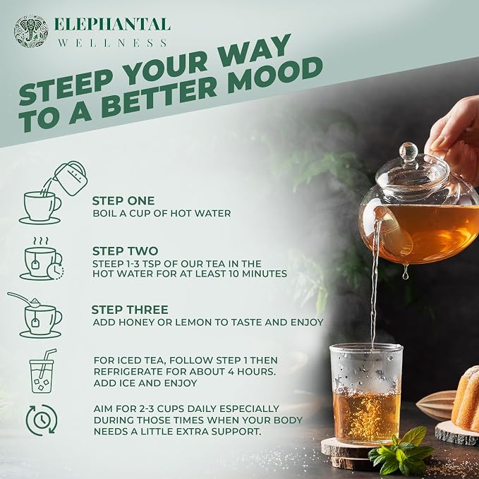 Elephantal Wellness Keep Calm Herbal Tea | Stress Relief & Mood Support with Ashwagandha, Lemon Balm, Chamomile, Valerian & St. John’s Wort | Handmade, Caffeine-Free Loose Leaf Blend | 2oz, 20 Servings