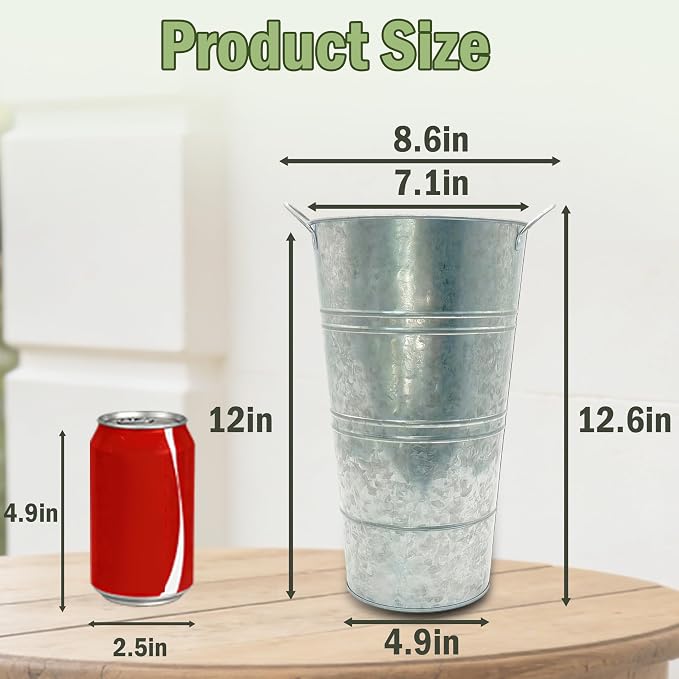 12 Inch Galvanized Metal Flower Buckets, Set of 6 - Rustic Tin Vases with Handles for Farmhouse & Wedding Decor, Tall Planters for Cut Flowers, Table Centerpiece & Home Organization