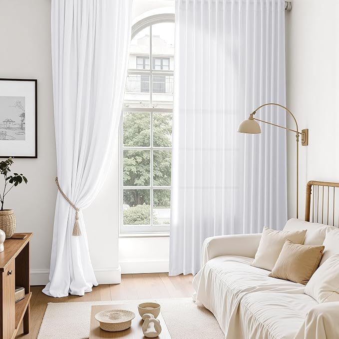 Snow White Linen Curtains 90 Inches Long for Living Room Light Filtering Semi Sheer Curtain Back Tab Luxury Neutral Coastal Modern Farmhouse Decor Drapes for Bedroom Dinner Room 52x90, 2 Panels