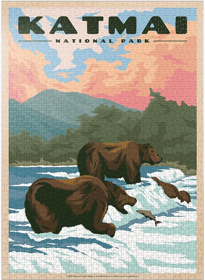 MyPuzzle Katmai National Park - Fishing Bears at Brooks Falls, Vintage Travel Poster - Premium 1000 Piece Jigsaw Puzzle for Adults