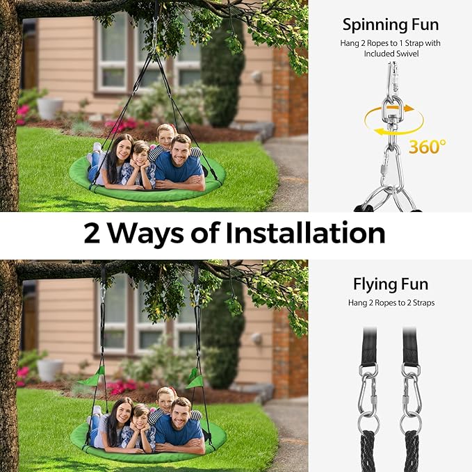 PACEARTH 60” Tree Swing for Kids & Adults Outdoor Saucer Swing 60-Inch Diameter 900D Oxford Fabric Splash and UV Resistant Heavy Duty 900LBS Weight Capacity with Tree Straps and 360° Swivel, Green