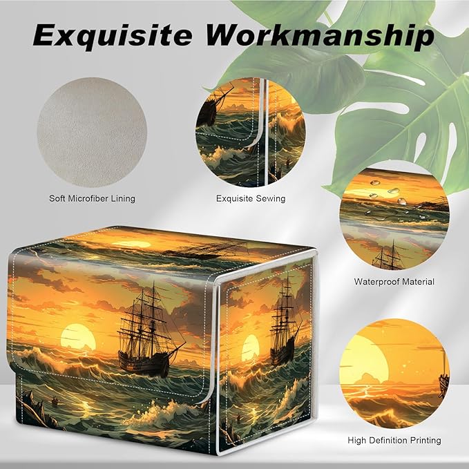 DEGDFSGR Card Game Storage Box for TCG MTG Commander Deck Box Organizer Trading Card Case Magnetic Closure Creative Pattern Up to 200 Cards, The Ocean At Sunset