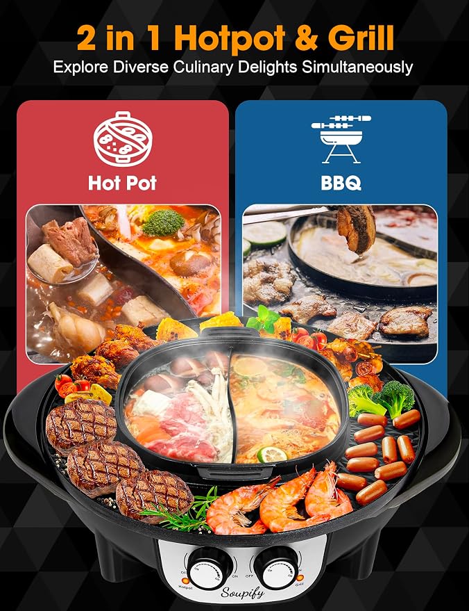 2 in 1 Hot Pot with Grill, Electric Korean BBQ Grill, Independent Dual Temperature Control & Non-stick Pan, Multi-function Smokeless Barbecue Grill for Family and Friends Gathering
