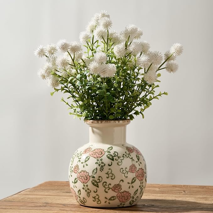 SIDUCAL Ceramic Vintage Vase, 5.91 Inch Retro Ice Cracked Chinoiserie Floral Vase, Rustic Farmhouse Vases for Home Decor, Bookshelf, Garden, Chinoiserie Decor, Tuscan Decor, Red Rose Pattern