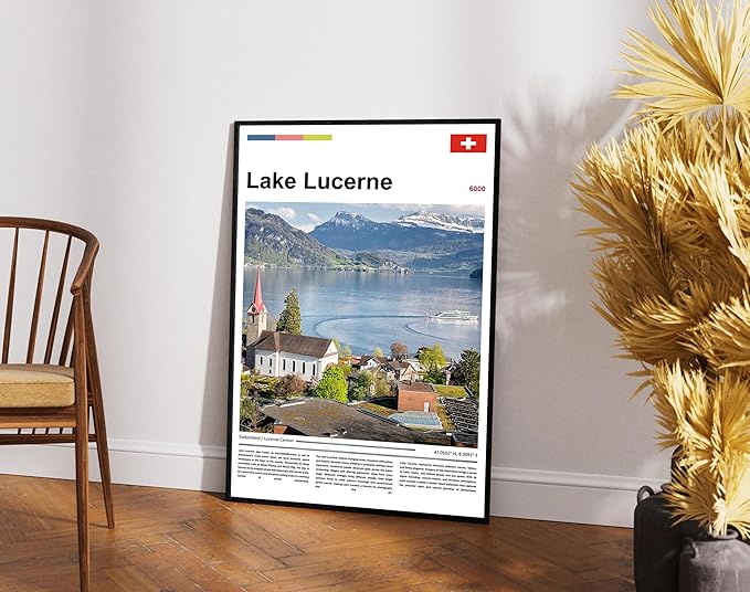 Poster Lake Lucerne Wall Art Original Design(17"x11" Golden Frame) Switzerland Alps Landscape Print European Travel Scenery Nature Photography Swiss Mountain View Picture