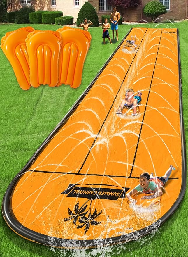 Spring Water Slip and Water Slide for Kids Backyard, 22ft*3 Racing Lanes Slip Water Slides with Sprinkler for Age 5-8 8-12, Summer Outdoor Water Toy with 3 Inflatable Bodyboards