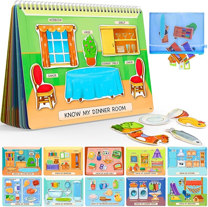 Reusable Sticker Books for Toddlers 2-4 Years Pre-Assembled, Home Scenes Educational Toys, Montessori Inspired, Easy Travel, Reusable Sticker, Toy for 2-3 Year Old Girls Boys