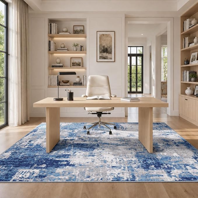 RELEANY Washable 6'x9' Abstract Area Rug for Living Room Blue Gray | carpet for bedroom, kitchen, office, hallway and entryway, printed pattern, non-slip, soft, stain-resistant, easy to clean