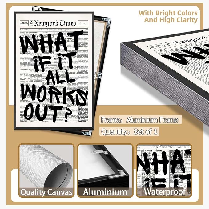 Retro Black And White Newspaper Poster What If It All Works Out Canvas Wall Art Positive Affirming Quote Minimalist Prints Painting For Home Bedroom Dorm Wall Decor 24x36in Framed