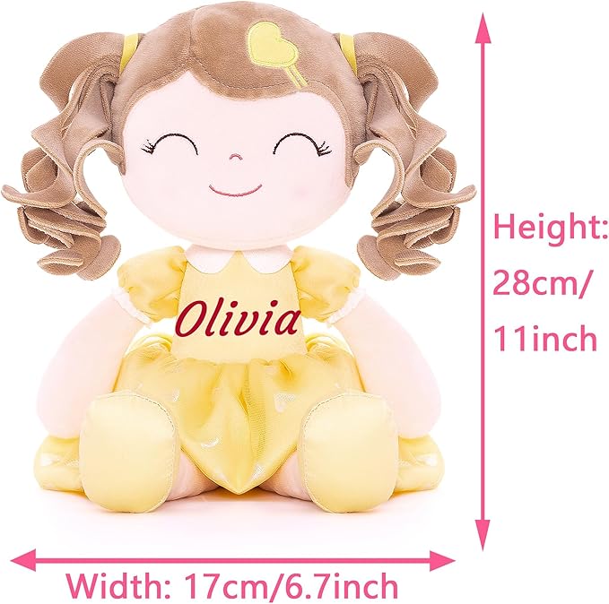 Gloveleya Personalized Yellow Heart Girl Doll – Custom Name Plush Baby Doll Gift with Gift Box, Soft Huggable Rag Doll for Toddlers & Kids, Birthday Present, Baby Shower Keepsake, 16 Inch