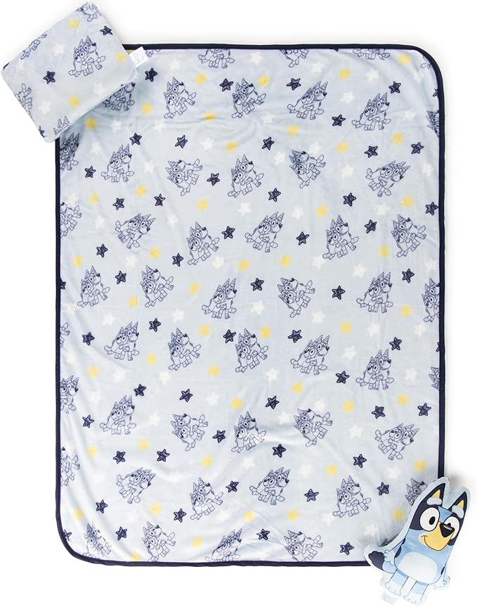 Jay Franco Kids 3 Piece Gift Set – 12" Shaped Character Pillow, 12" Decorative Pillow & 40" x 50" Throw Blanket, Ultra-Soft Plush Bedding, Couch Décor & Holiday Travel Set, Blue - Bluey