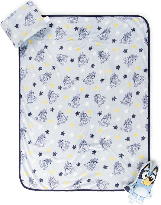 Jay Franco Kids 3 Piece Gift Set – 12" Shaped Character Pillow, 12" Decorative Pillow & 40" x 50" Throw Blanket, Ultra-Soft Plush Bedding, Couch Décor & Holiday Travel Set, Blue - Bluey