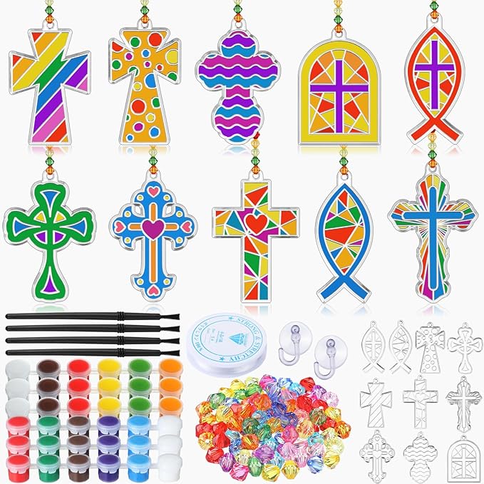 30 Sets Cross Suncatchers Window Art Kits, Sunday School Christian DIY Sun Catchers Bulk Religious Crafts Paint Your Own Cross Window Ornaments for Boys Girls Home Classroom Party Decor
