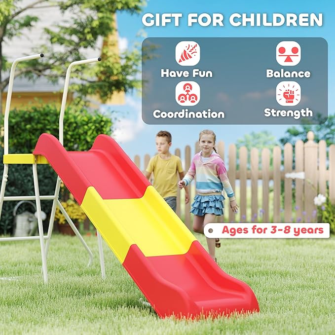 Qaba 6ft Slide for Kids, Metal Freestanding Playground Equipment with Climbing Ladder, Platform for Backyard, Outdoor, Indoor, Gift for Boys, Girls, Ages 3-8, Red