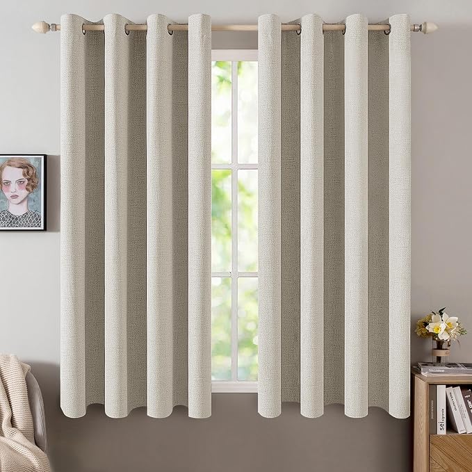 MIULEE Linen Curtains for Bedroom 100% Blackout Thermal Insulated Cobblestone Grommet Room Darkening Curtains & Drapes for Living Room 52 x 63 Inch (2 Panels)