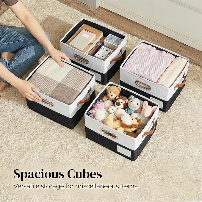 Storage Bins with Lids [3-Pack] Linen Fabric Foldable Storage Boxes Organizer Containers Baskets Cube with Cover for Bedroom Closet Office Black & White（11.4X8.6X6.7