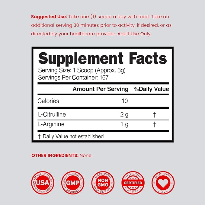 L Arginine L Citrulline Supplement Powder (3g) Nitric Oxide Booster Powder - L-Citrulline Supplements for Men & Women - Stamina, Performance & Endurance for Workouts - Vegan Safe & USA Made