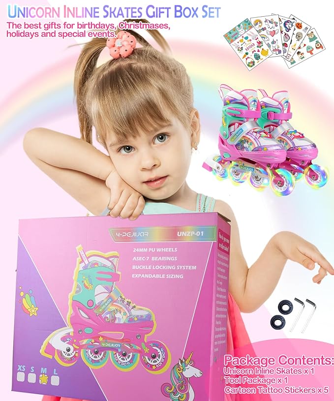 Unicorn Rainbow Inline Skates for Girls Teens Womans,4-Pejiijar Roller Skates for Girls Ages 6-8-12 w/Luminous Wheels,Kids Adjustable Roller Shoes for Birthday Xmas Gifts