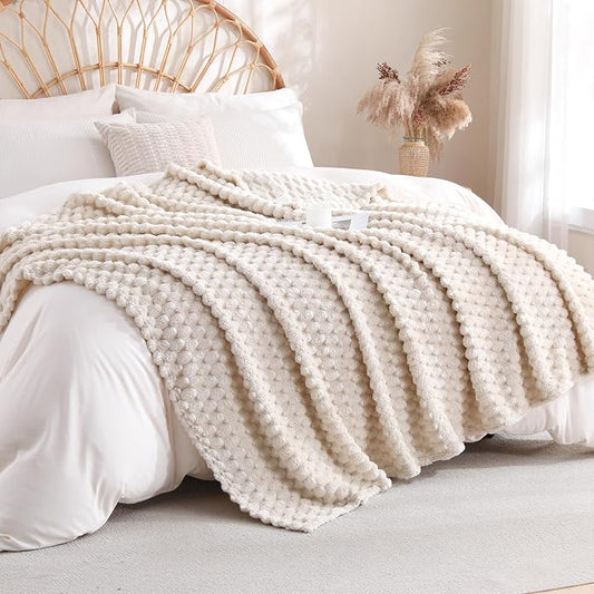 Cream Fleece Throw Blanket 60”×80” for Couch Sofa Bed Super Soft Cozy Plush Microfiber Flannel Blanket with 3D Jacquard Decorative Lightweight for Mom Woman