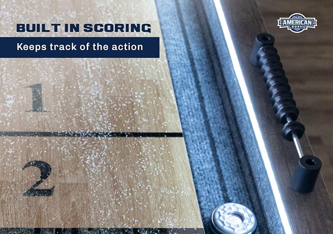 American Legend Kirkwood 9’ Shuffleboard Table with LED Rails, Bowling Game Set, Rustic Wood Finish & Accessories Included
