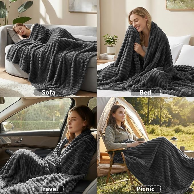 HIMEET Charcoal Grey Twin Blanket for Bed, 300GSM Ribbed Fleece, 60 x 80 in | Ultra Soft Flannel, All-Season Lightweight Warmth, Bed Layering Pick & Dorm Essential, Gift for Men & Women, Machine Washable