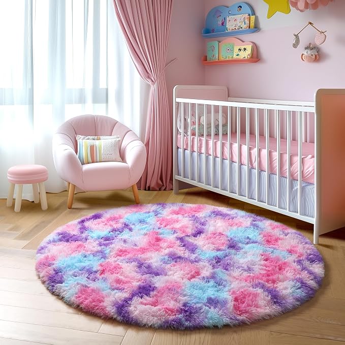 Amdrebio Pink Blue Purple Round Circle Area Rug 5Ft for Girls Bedroom, Fluffy Cute Fuzzy Colorful Pastel Kids Rugs for Nursery Playroom Classroom Dorm, Shag Princess Carpet for Baby Toddler Teen