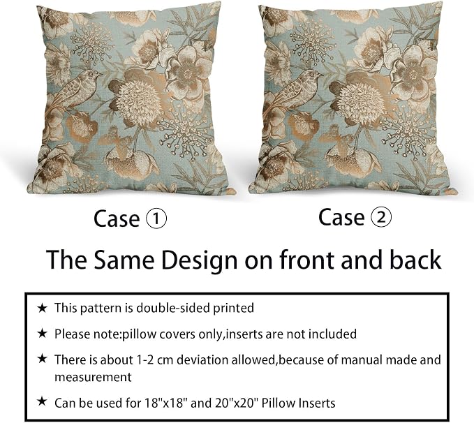 Vintage Floral Pillow Covers 22X22 Inch Set of 2 Rose Gold Flowers Bird Butterfly Decorative Pillow Cases Blue Brown Cotton Linen Cushion Case Farmhouse Home Decor for Sofa Couch Living Room