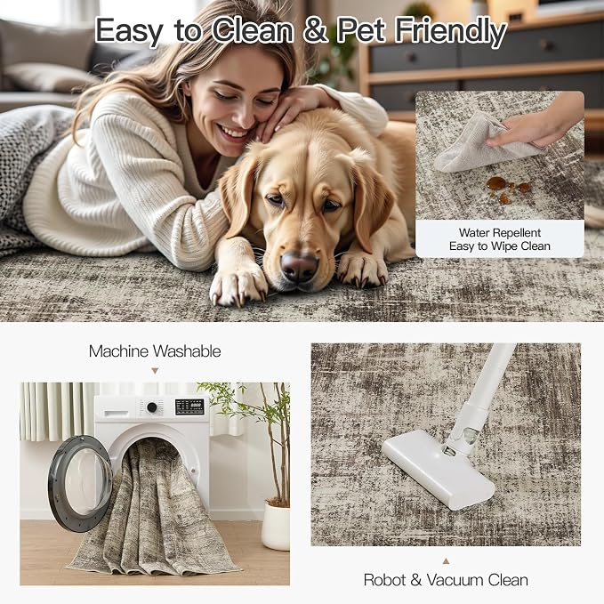 9x12 Area Rug for Living Room, Abstract Washable Non-Slip Large Rugs, Brown | Neutral Carpet for Bedroom, Dining Room, Home Office, Nursery,Indoor, Stain Resistant, Non-Slip, Low Pile, Modern Rug