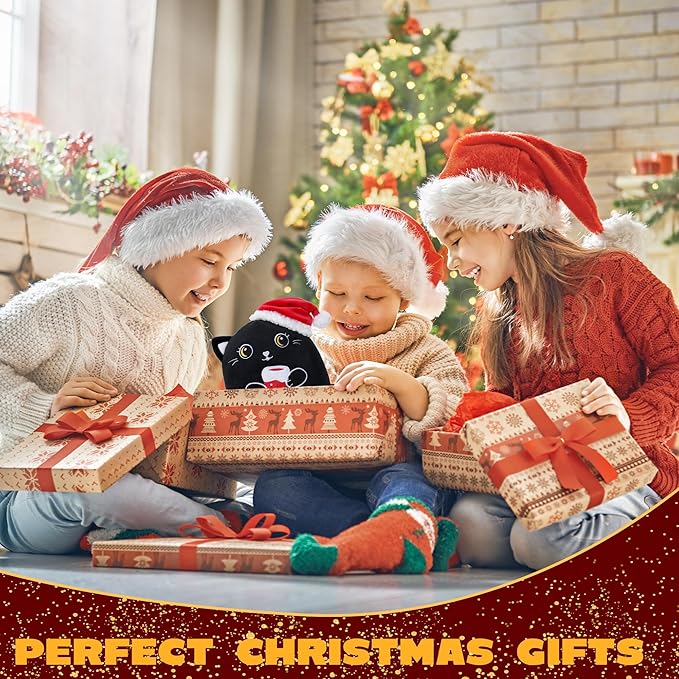 Christmas Cat Stuffed Animal: 8-Inch Cute Black Cat Plush Toy with Santa Hat and Christmas Stocking Soft Plushies Pillow, Holiday Birthday Decoration Gifts for Kids Girls & Boys (8-Inch)