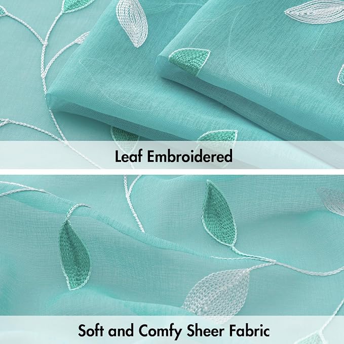 MIULEE Turquoise Sheer Curtains 2 Panels Embroidered Leaf Patterned Rod Pocket Floral Semi Sheer Faux Linen Window Curtains Drapes Set for Living Room Bedroom Dining Room, 52x96 Inches Long