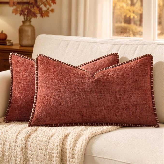 MIULEE Fall Decorative Lumbar Throw Pillow Covers 12x20 Inch Burnt Orange | Terracotta Farmhouse Pillow Covers with Stitched Edge, Soft Chenille Cushion Cases, for Couch Sofa Bed Living Room Home Decor
