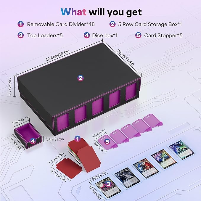 UAONO Trading Card Storage Box with Commander Display;3900+ Card Box for MTG, Removable Cover; 5 Row Case fits MTG TCG Sports Cards 48 Dividers,5 Stoppers,5 Top Loaders,1 Dice Box(Black, Purple)