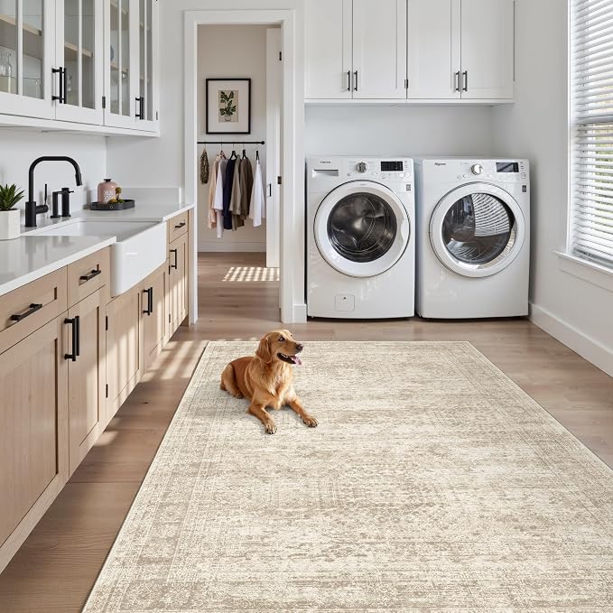 Soalmost 3x5 Rugs Non-Slip, Small Washable Kitchen Entryway Area Rug Beige | Vintage Low Pile Carpet for Nursery Coffee Table Bathroom, Foldable Stain Resistant Indoor Door Mat Entrance Powder Room