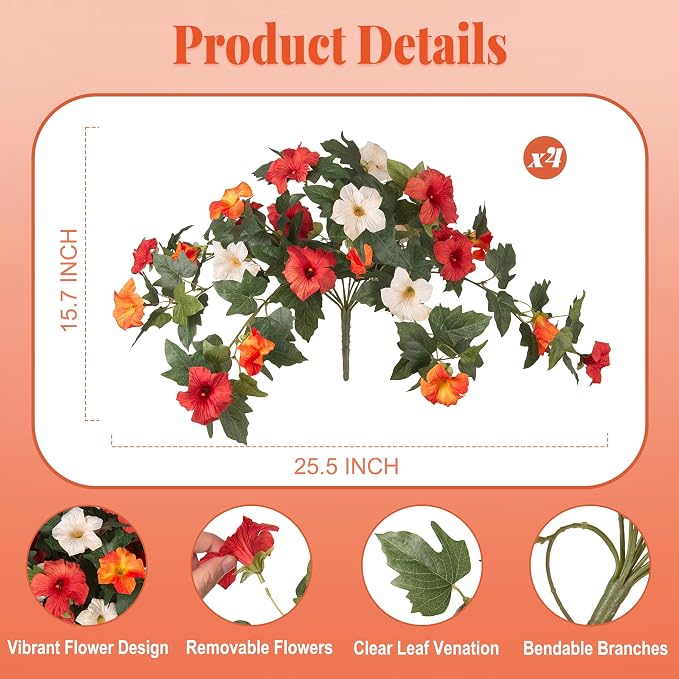Ammyoo Artificial Fall Flowers Fake Petunias Plants for Outdoor Decoration | 4 Pcs UV Resistant Faux Silk Flowers No Fade Floral for Garden Balcony Yard Porch Realistic Indoor Decor (Orange White)