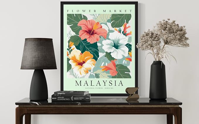 Malaysia Flower Market Art Print Poster, Wall Art Floral Painting Botanical Decor for Bedroom, Kitchen, Bathroom Livingroom Decoration 82B (Malaysia, 24"L x 18"W, Black Frame)