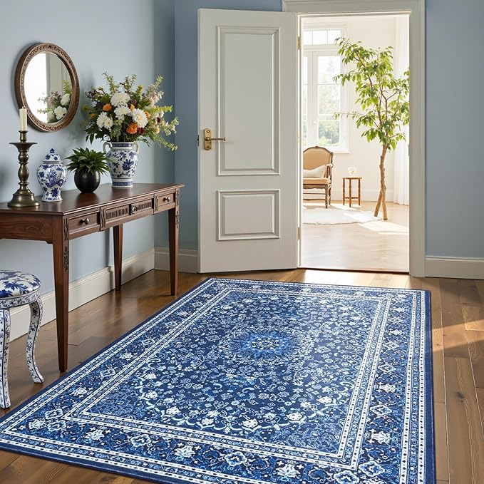 6x9 Area Rugs for Living Room, Washable Non-Slip Rug, Oriental Dark Blue | Area Rugs for Bedroom, Low Pile Large Carpets for Dining Room, Office, Indoor, Stain Resistant Vintage Oriental Print Rug