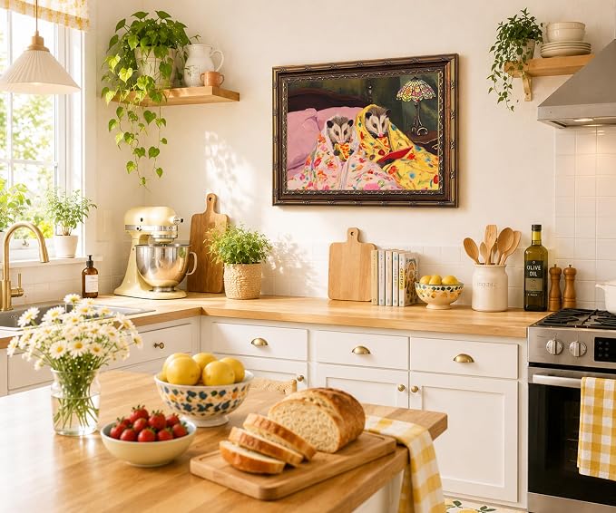 Gold Framed Funny Opossum gifts Wall Art Cute Possum Eating Pizza Print | Whimsical Cute Possum ,Vintage Animal Picture Wall Decor Canvas Painting for Living Room Bedroom Bathroom Office, 12x16 In