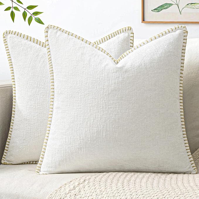 MIULEE Decorative Couch Throw Pillow Covers 20x20 Inch Pure White 2 Pack | Farmhouse Pillow Covers with Stitched Edge, Soft Chenille Cushion Cases, for Sofa Bed Living Room Home Decor