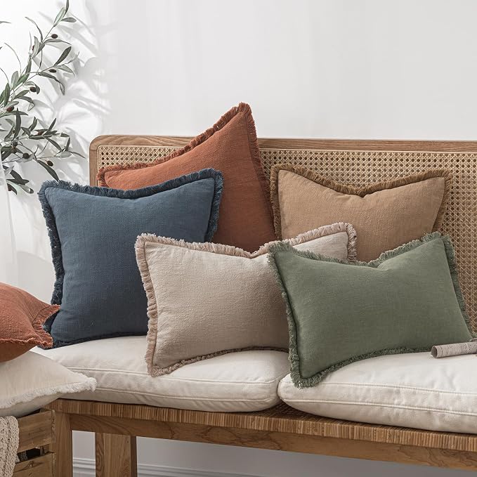 MIULEE Boho Natural Linen Fringe Decorative Euro Throw Pillow Covers 24x24 | Set of 2, Cottagecore Decor, Boho Farmhouse Neutral Pillow Covers, Rustic Couch Cushion Cases for Sofa Bed Living Room