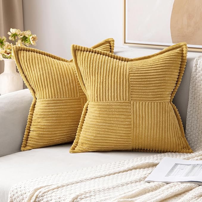 MIULEE Decorative Throw Pillow Covers for Couch 20x20 Inch Gold 2 Pack | Boho Broadside Striped Patchwork Pillow Covers, Soft Corduroy Cushion Cases, For Sofa Bed Livingroom Home Decor